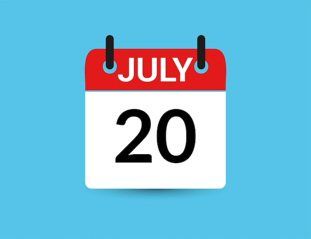 Vecteur 20 juillet calendrier à icône plate isolé sur fond bleu illustration vectorielle de la date et du mois