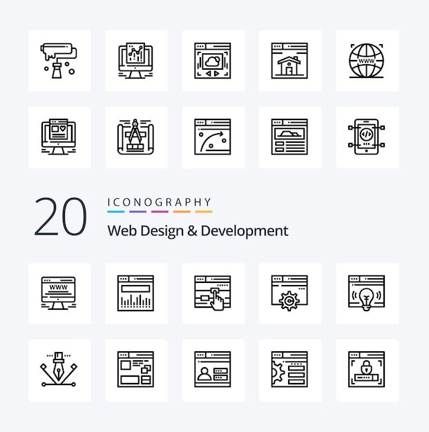 20 Pack d'icônes de ligne de conception et de développement Web comme Gear Web Web Touch