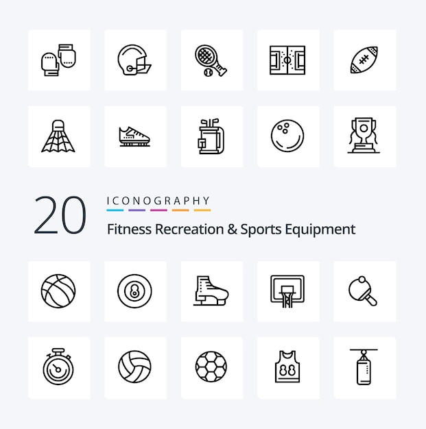 20 Pack d'icônes de ligne d'équipement de loisirs et de sports de forme physique comme un casque de balle boxe football américain