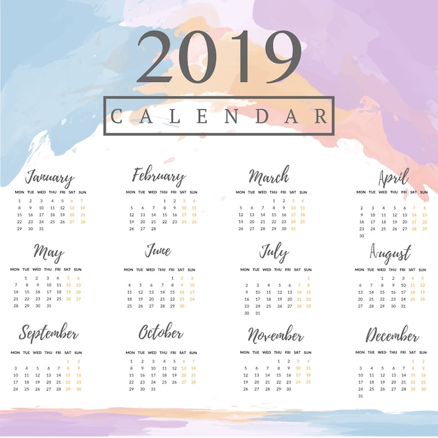 Vecteur 2019 calendrier avec fond aquarelle