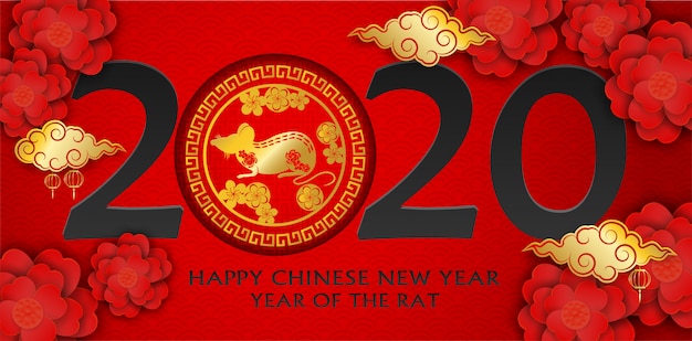 Vecteur 2020 joyeux nouvel an chinois. concevoir avec des fleurs et des rats sur fond rouge. bonne année de rat.