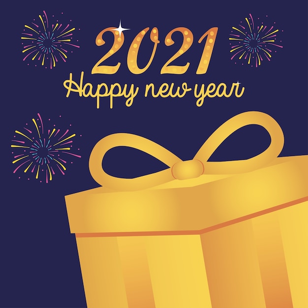 2021 bonne année boîte-cadeau en or et fête des feux d'artifice