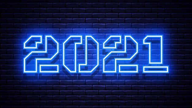 2021 nouvel an néon bleu brillant enseigne sur mur de briques.