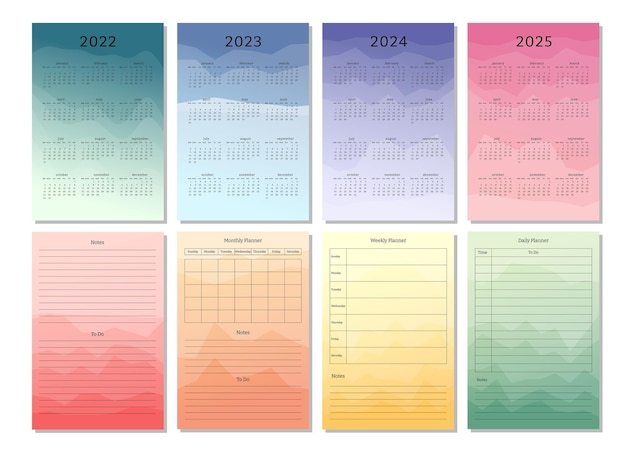 Vecteur 2022 2023 2024 2025 calendrier vertical quotidien hebdomadaire mensuel planificateur personnel calendrier modèle de journal peak silhouette abstrait dégradé conception de fond coloré pour l'impression et le numérique