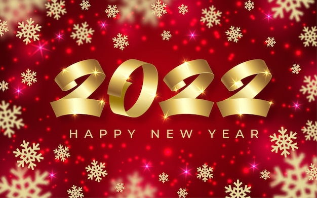 2022 bonne année fond rouge or texte neige