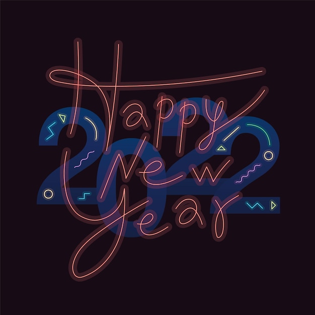 2022 Fond De Bonne Année Avec Lettrage à La Main De Texte De Script Néon, Fond Sombre, Style Minimal. Illustration Vectorielle. Modèle De Conception Affiche De Typographie De Célébration, Bannière Ou Carte De Voeux.