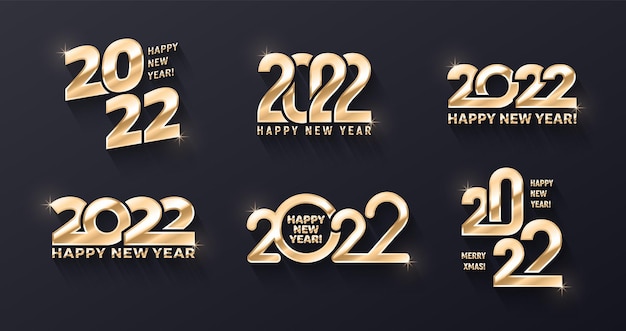 2022 Happy New Year Premium Golden Logo Collection de modèles de conception de texte 3D différente sur fond sombre. Variations de l'ensemble d'éléments de conception métallique doré typographique Happy New Years