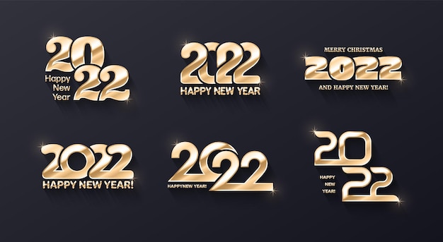 2022 Happy New Year Premium Golden Logo Vector Collection de modèles de conception de texte 3D différents sur fond. Variations d'éléments de conception métalliques dorés typographiques Happy New Years. Réveillon de Nouvel an