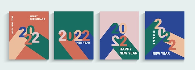 2022 Nouvel An, Définir Des Bannières De Voeux, Des Dépliants. Numéros Avec De Longues Ombres De Couleurs Différentes. Affiches De Collection, Cartes Dans Un Style Géométrique Simple. Modèles De Conception Pour La Couverture, Les Médias Sociaux, Le Dépliant, L'en-tête. Vecteur.