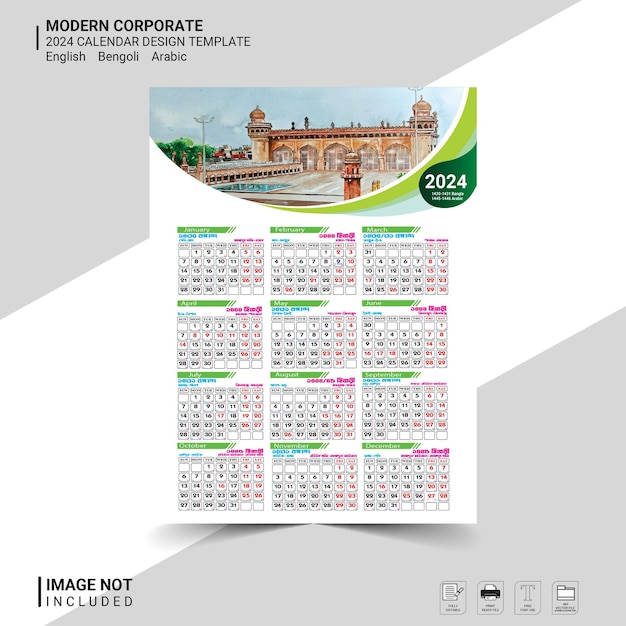 Vecteur 2024 calendrier anglais bengali et arabe modèle de date vectoriel conception minimale simple planificateur 2024