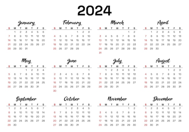 2024 Calendrier Vector Moderne modèle mensuel modifiable et imprimable pour la planification en anglais