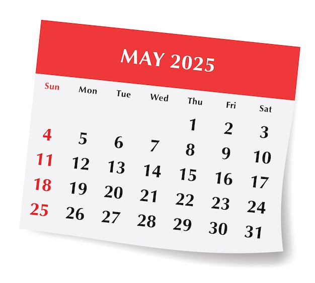 2025 mai Calendrier anglais illustration vectorielle de l'ombre de la page mensuelle du papier Design avec début du dimanche