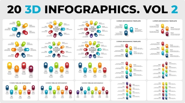 Vecteur 20d vector perspective infographics pack vol 2 diagrammes de cercle graphiques faits de piliers