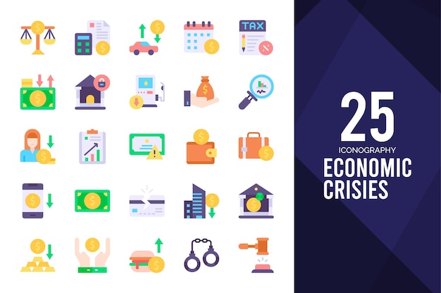 25 Crises économiques Pack d'icônes plat illustration vectorielle