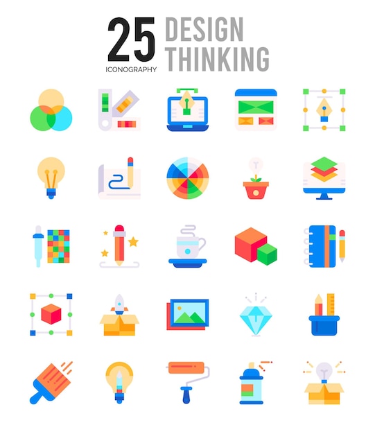 25 Design Thinking Icône Plate Pack Illustration Vectorielle