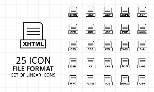 Vecteur 25 feuille d'icônes de format de fichier linéaire