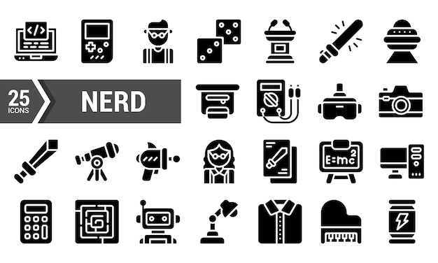 25 icônes de glyphes noirs pour la culture et les intérêts des geeks