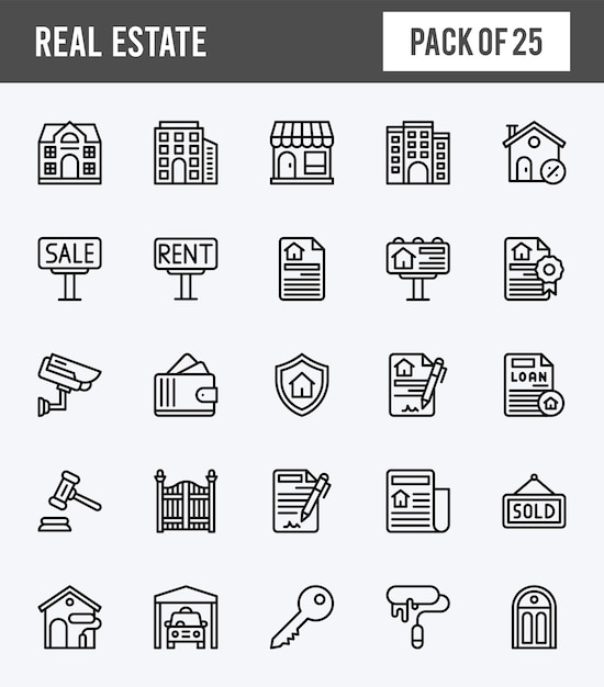 25 icônes immobilières linéaires étendues pack illustration vectorielle