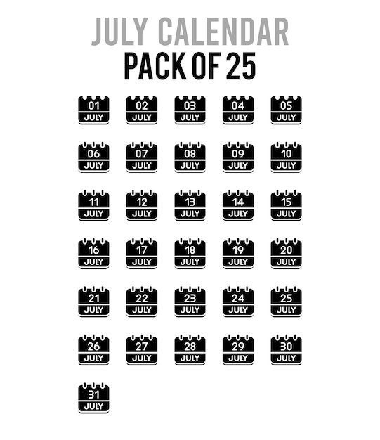 25 Juillet Calendrier Glyphe Icône Pack Illustration Vectorielle