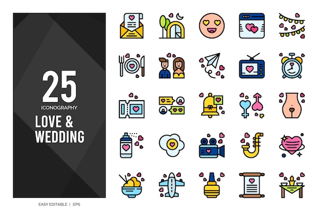 25 Love And Wedding Lineal Color icon pack illustration vectorielle