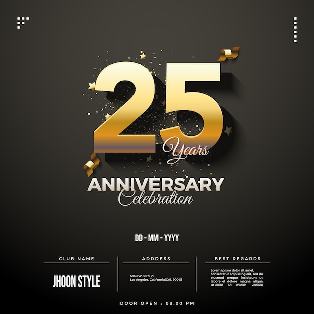 25e anniversaire avec une combinaison de couleurs noir et or
