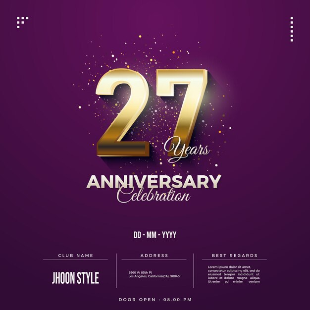 27e anniversaire avec des chiffres 3d dorés et une combinaison violette.