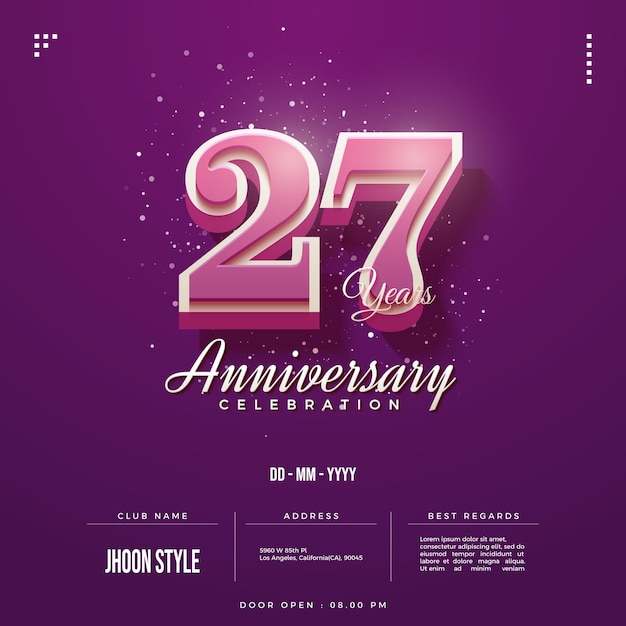 27e anniversaire avec des chiffres 3d roses et une décoration scintillante de célébration.