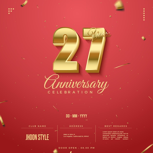 27e anniversaire sur fond rouge et numéros de combinaison de couleur or.