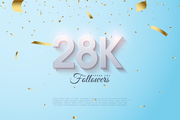 28 000 abonnés avec une illustration de feuille d'or volante décorant les chiffres.