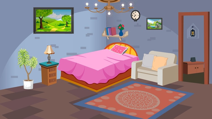 Vecteur 2d dessin animé vectoriel chambre à coucher arrière-plan salon intérieur de la pièce