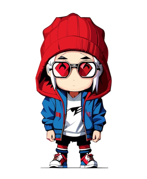 Vecteur 2d, vecteur, à, fond blanc, bonnet, cheveux blancs, yeux rouges, lunettes, sweat à capuche, couche, chaussettes