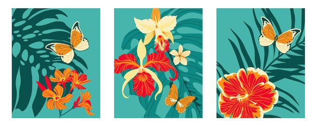 3 affiches avec des fleurs tropicales