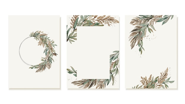 Vecteur 3 couvertures avec des feuilles sèches d'herbe d'aquarelle pampas dans le design vectoriel de style boho pour les invitations de mariage