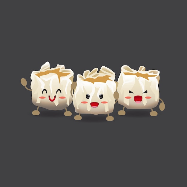 3 personnages de boulettes de dimsum originales avec diverses expressions