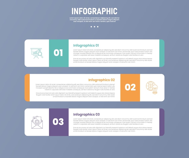 3 points rectangle rond infographique étape ou modèle d'étape avec boîte de conteneur et badge avec position opposée pour la présentation de diapositives