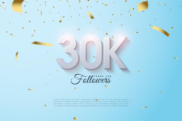 30k adeptes fond avec des chiffres et du papier or tombant.