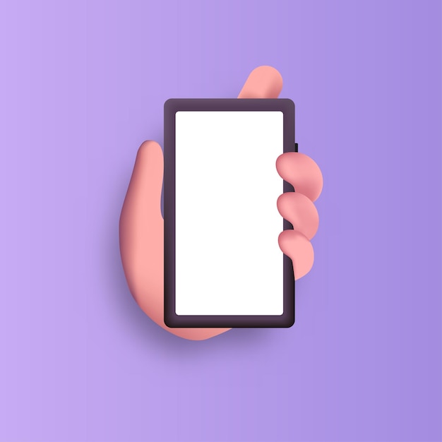 3D cartoon hand holding smartphone fond violet isolé