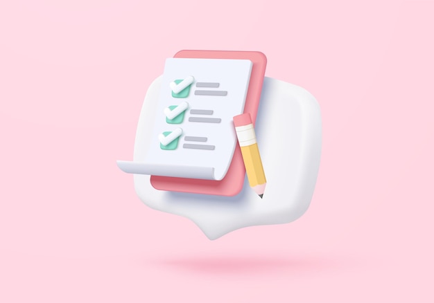 3d clipboard blanc gestion des tâches todo liste de contrôle assignation et liste de contrôle d'examen avec icône de crayon travail efficace sur le plan de projet progrès rapide niveau vers le haut concept 3d todo icône de contrôle rendu vectoriel