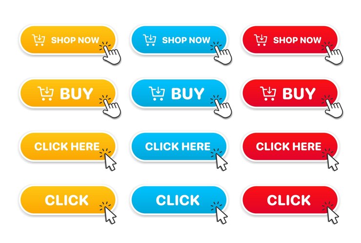 Vecteur 3d cliquez ici boutons cliquez plus ajouter magasin symbole d'action main curseur et flèche pointant ajouter au panier