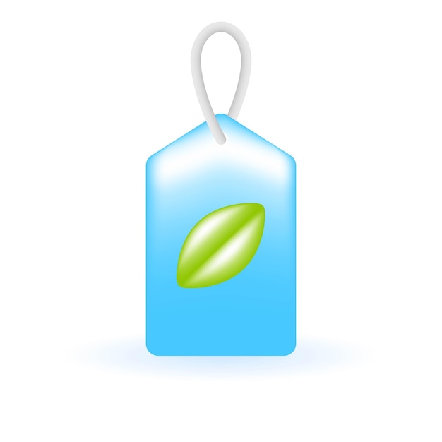 Vecteur 3d eco tag bio feuille verte icône d'étiquette de prix eco durabilité concept environnemental verre brillant couleur plastique mignon dessin animé réaliste style minimal rendu 3d icône de vecteur ux ui illustration isolée