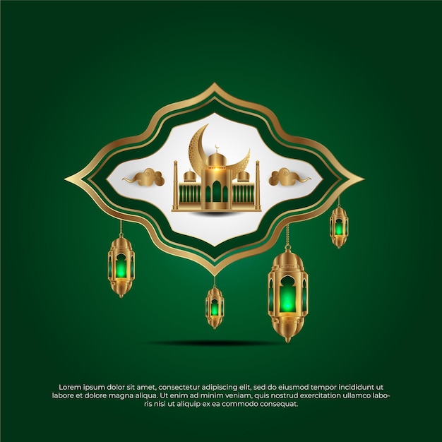 3d Eid Al Adha Mubarak Beau Fond De Lampe De Lune De Mosquée Dorée Verte Islamique