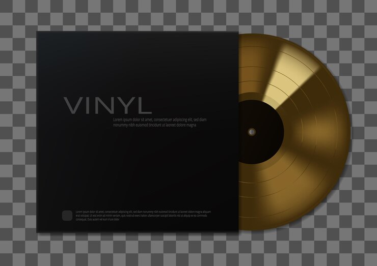 Vecteur 3d modern gramophone gold vinyl lp avec couverture