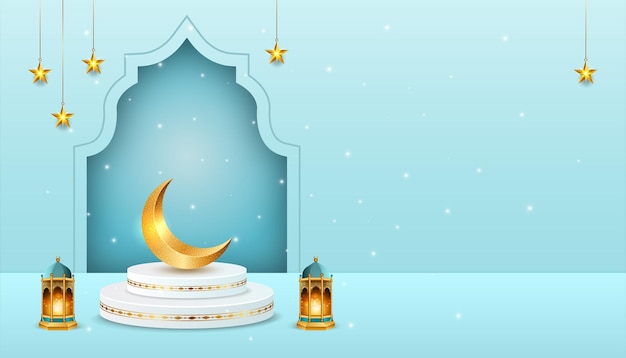 Vecteur 3d podium de luxe crescent moon lanterne ramadan kareem design d'illustration bannière de fond