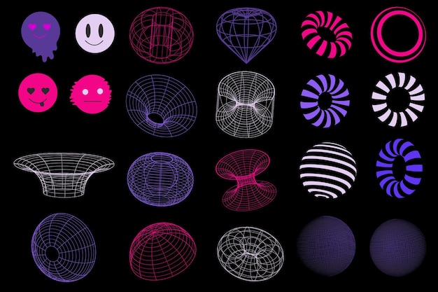 3D wireframe style 00s 3D Wireframe Y2K style cyberpunk rétro Ensemble d'éléments rétrofuturistes