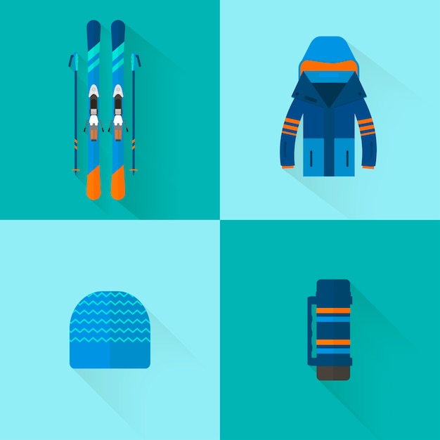Vecteur 4 collection d'icônes de sports d'hiver. équipement de ski et de snowboard dans un style plat. éléments pour l'image de la station de ski, activités de montagne
