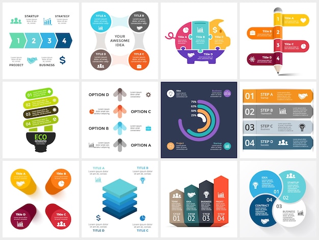 4 étapes Pièces Options Diagrammes Modèle Infographique Concept Polyvalent