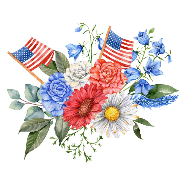 4 Juillet Concept Patriotique élément De Conception De La Fête De L'indépendance Aquarelle Florale Peinte à La Main