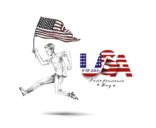 4 Juillet Man Runing With Usa Flag American Independence Day