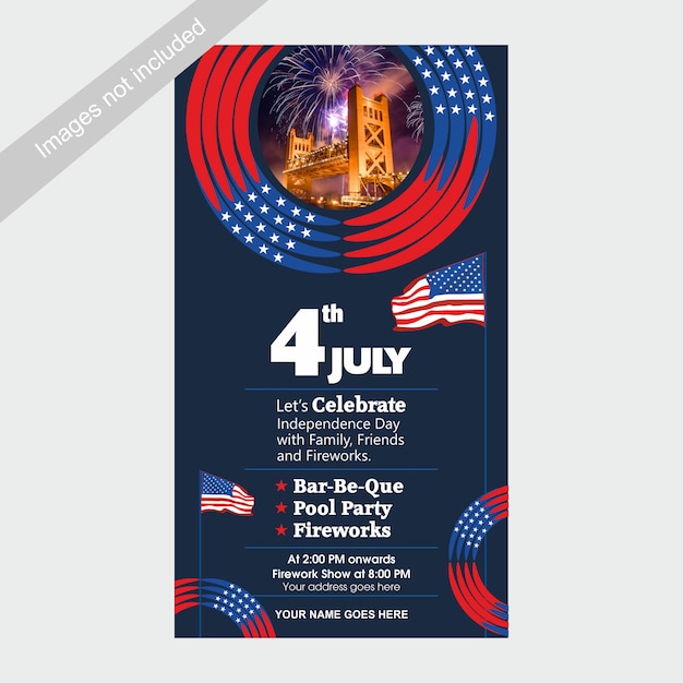 Vecteur le 4 juillet, modèle d'invitation pour le jour de l'indépendance des états-unis avec barbecue, fête au bord de la piscine et attraction de feux d'artifice