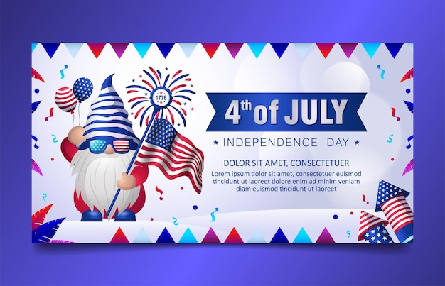 4 juillet USA drapeau américain Gnome avec lunettes de soleil couverture de médias sociaux ou conception de bannières